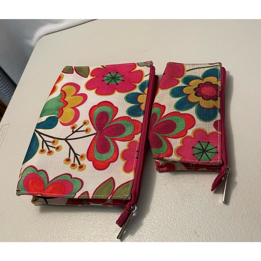 Clinique makeup storage 2 cases large small‎ canvas floral pattern zip bags Rare